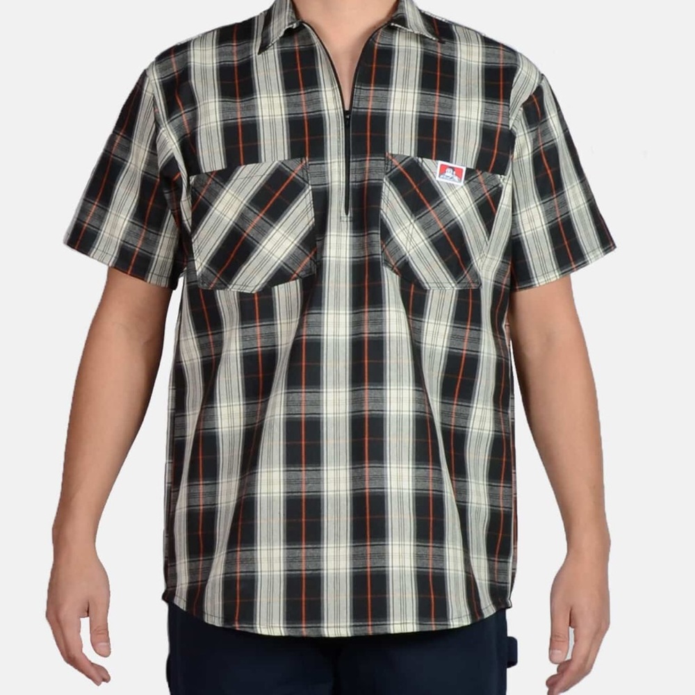 Short sleeved plaid 1/2 zip shirt